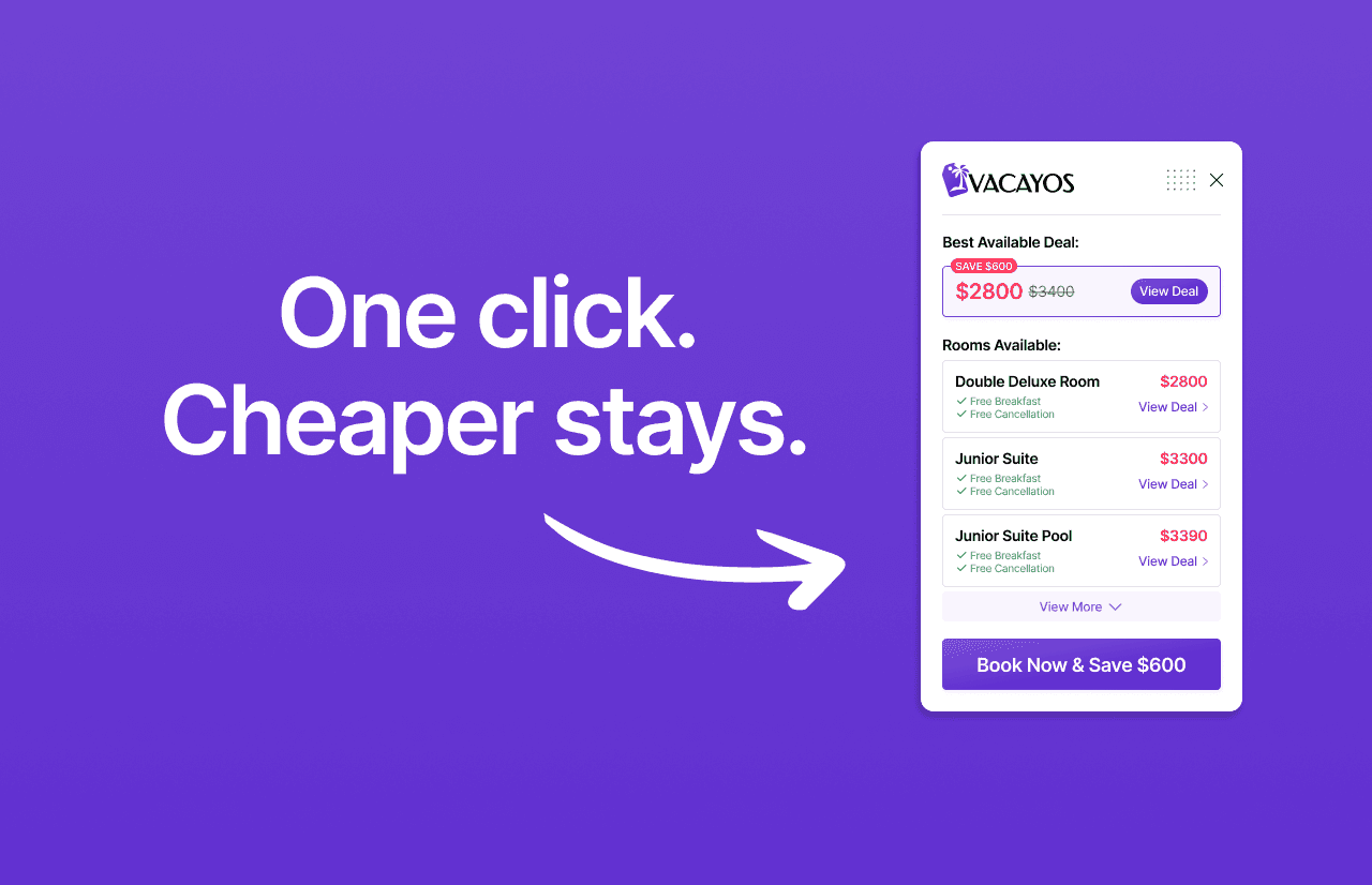 Vacayos dashboard showing wholesale hotel deals from 4 and 5-star properties